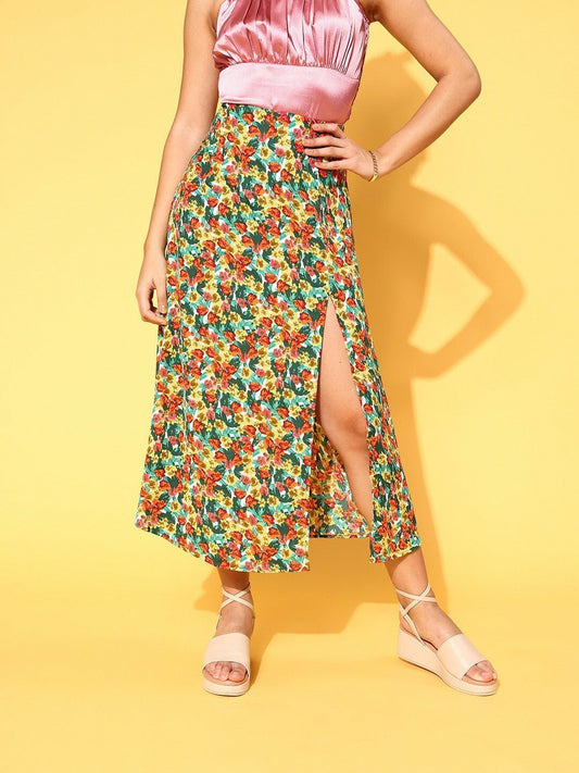 Folk Republic Women Green & Red Floral Printed Thigh-High Slit Flared A-Line Midi Skirt - #folk republic#