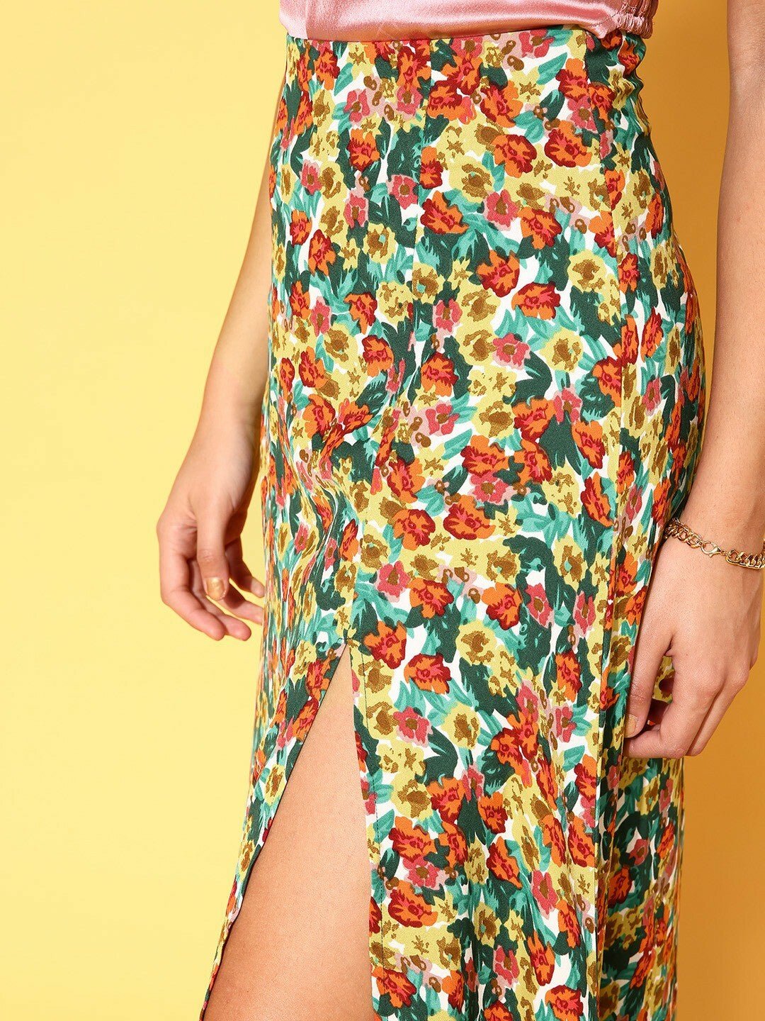 Folk Republic Women Green & Red Floral Printed Thigh-High Slit Flared A-Line Midi Skirt - #folk republic#