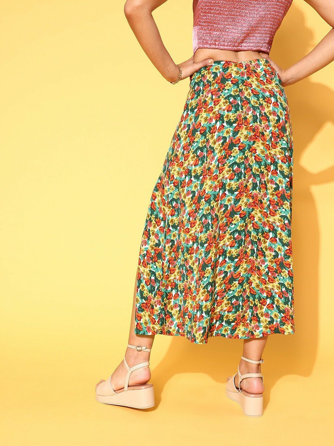 Folk Republic Women Green & Red Floral Printed Thigh-High Slit Flared A-Line Midi Skirt - #folk republic#