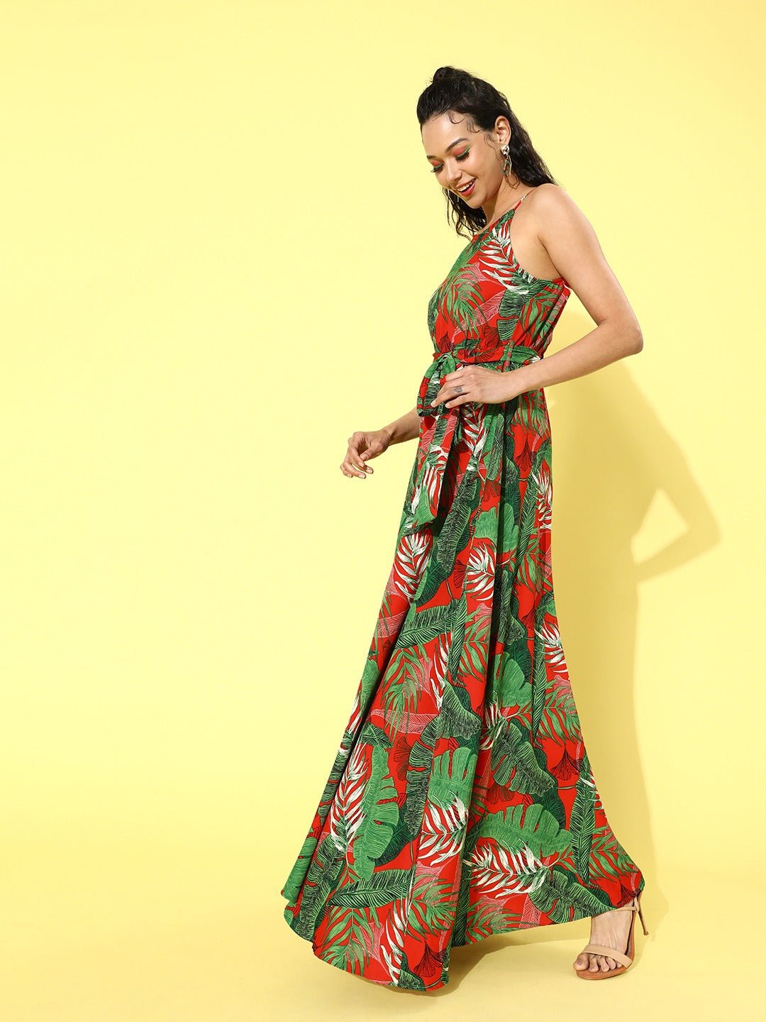 Folk Republic Women Green & Red Tropical Printed Round-Neck Thigh-Slit Maxi Dress - #folk republic#