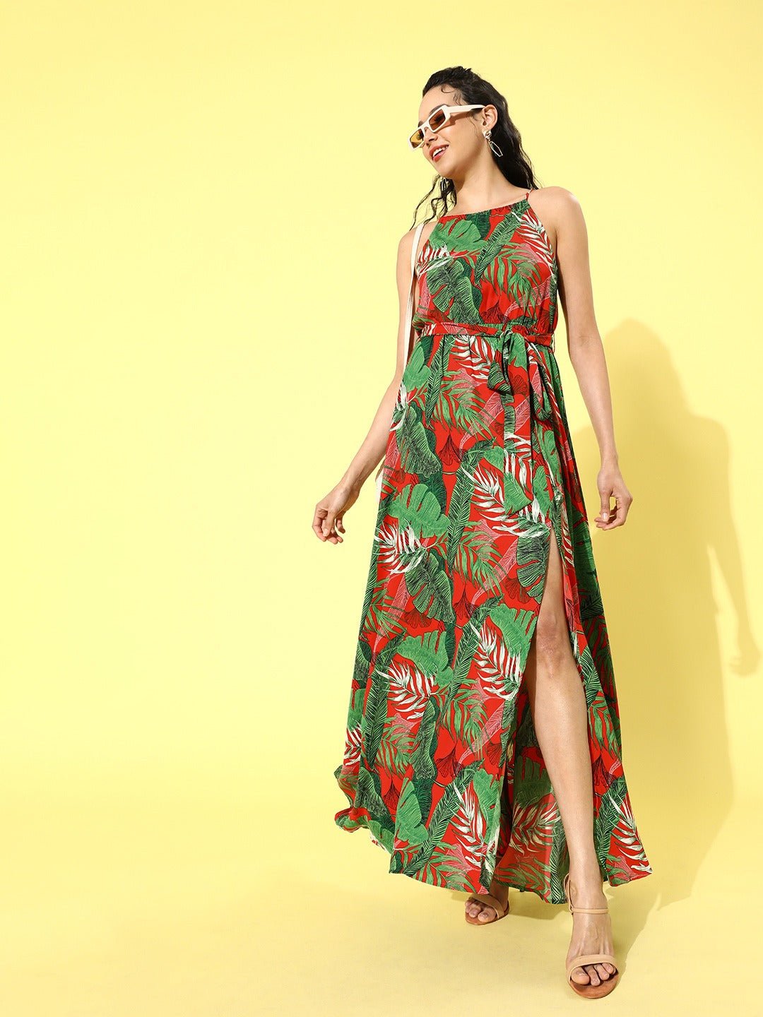 Folk Republic Women Green & Red Tropical Printed Round-Neck Thigh-Slit Maxi Dress - #folk republic#