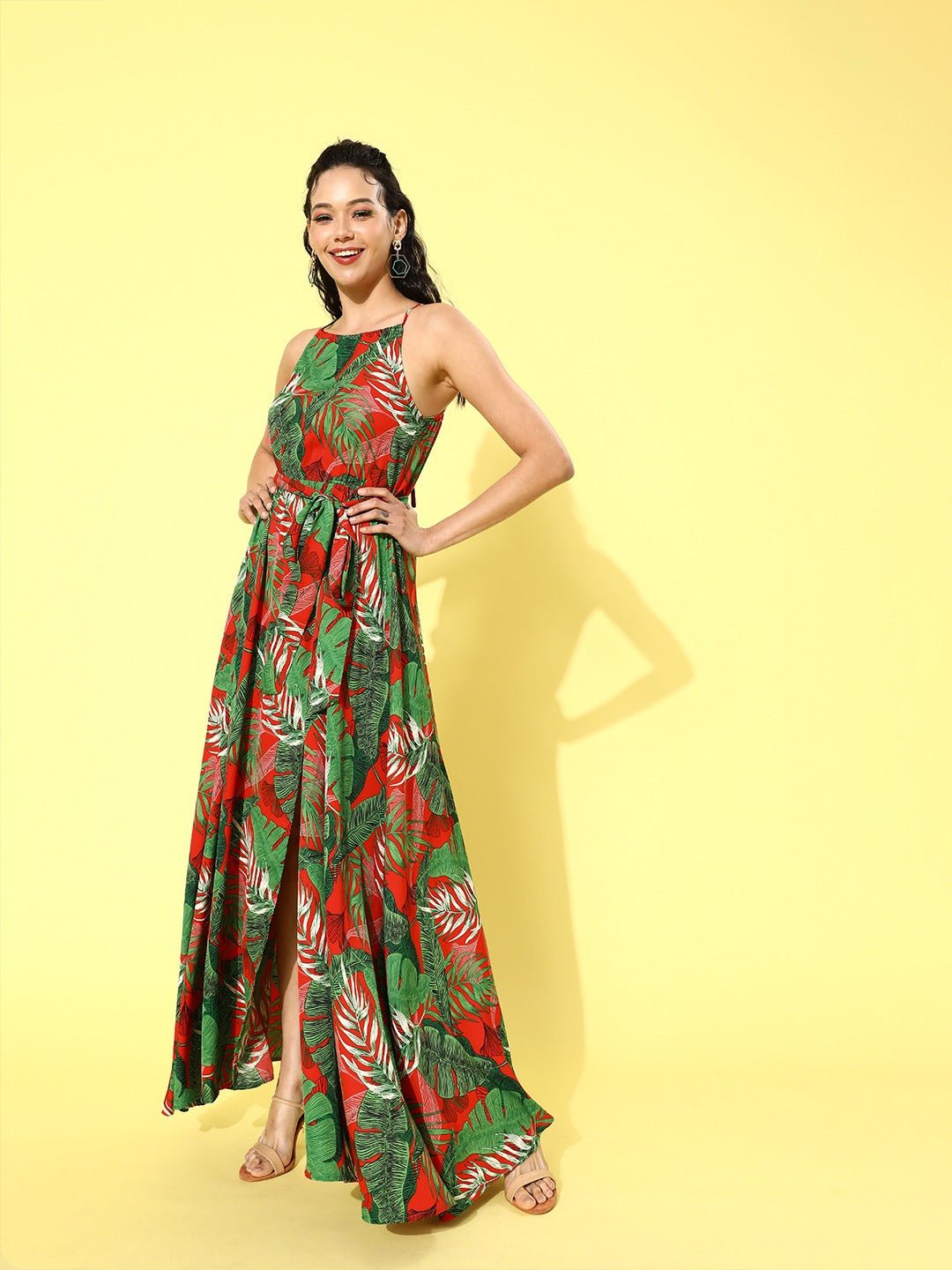 Folk Republic Women Green & Red Tropical Printed Round-Neck Thigh-Slit Maxi Dress - #folk republic#