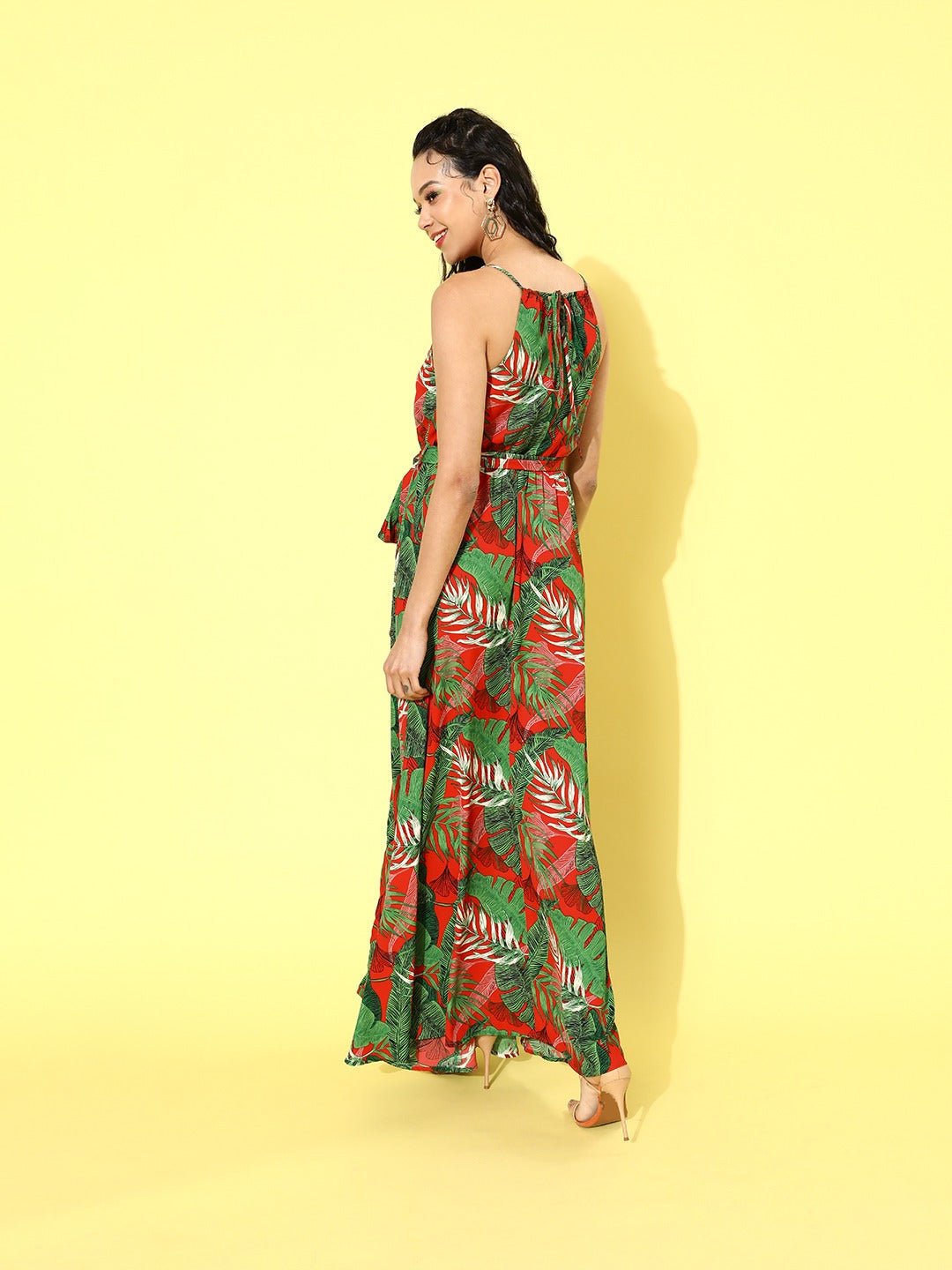 Folk Republic Women Green & Red Tropical Printed Round-Neck Thigh-Slit Maxi Dress - #folk republic#