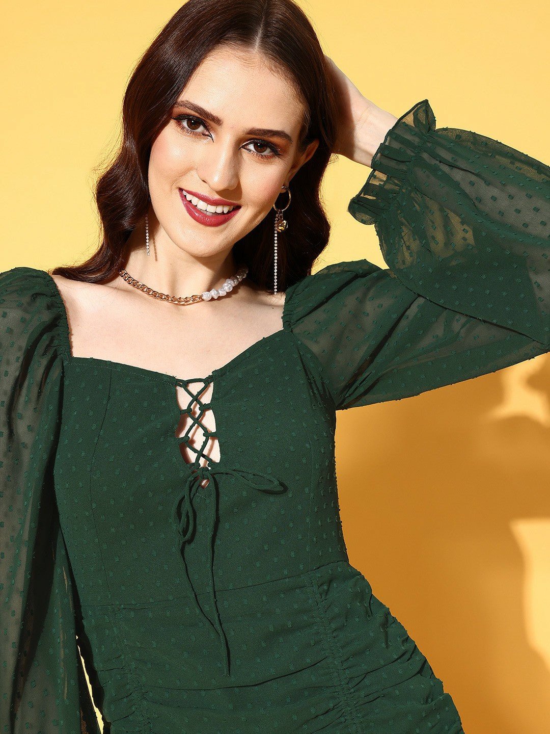 Folk Republic Women Green Self-Design Pattern Sweetheart Neck Front Tie-Up Ruched Sheath Mini Dress - #folk republic#