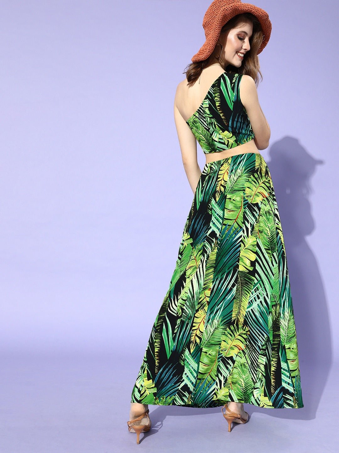 Folk Republic Women Green Tropical Printed One Shoulder Co-Ordinate Dress - #folk republic#
