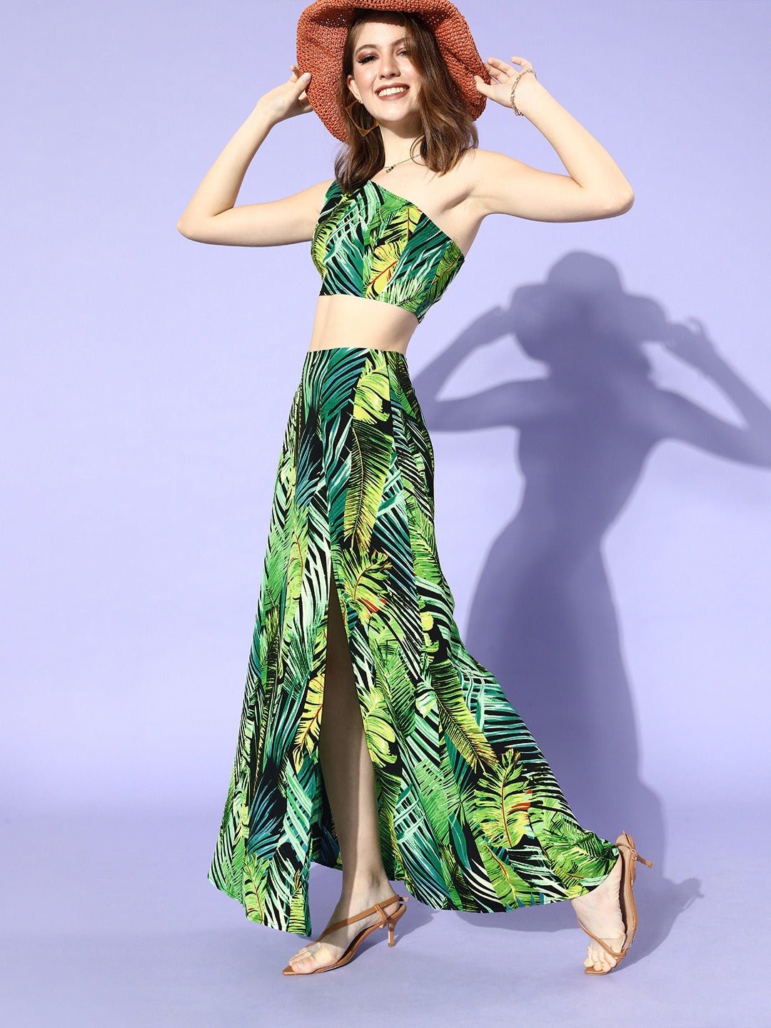 Folk Republic Women Green Tropical Printed One Shoulder Co-Ordinate Dress - #folk republic#