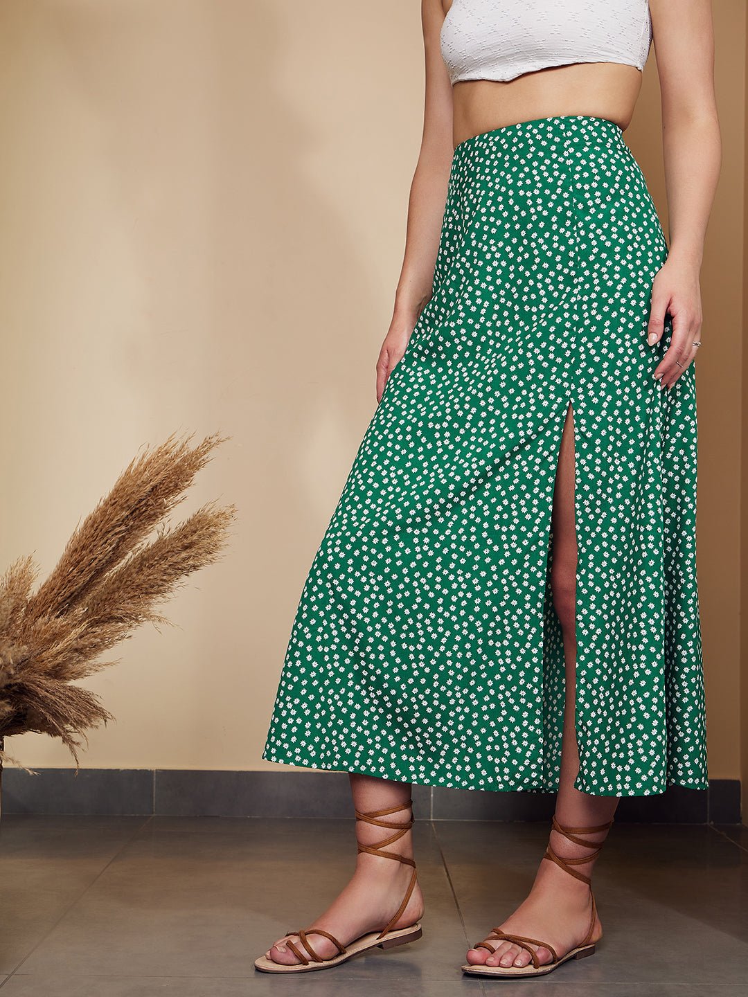 Folk Republic Women Green & White Floral Printed High-Rise Waist Thigh-High Slit Flared A-Line Maxi Skirt - #folk republic#