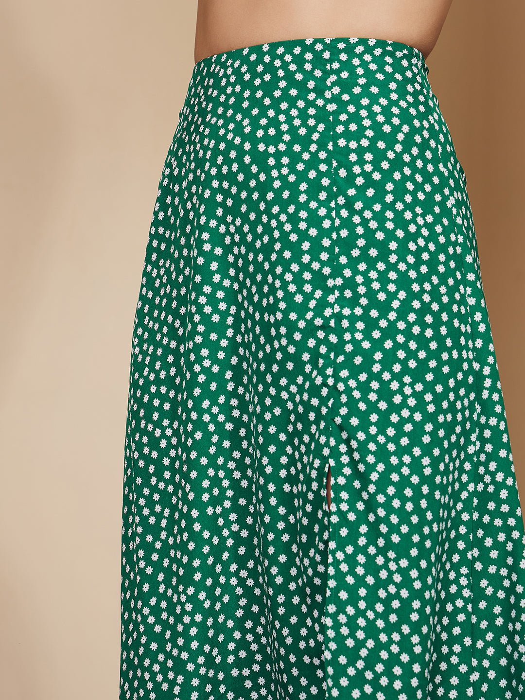 Folk Republic Women Green & White Floral Printed High-Rise Waist Thigh-High Slit Flared A-Line Maxi Skirt - #folk republic#