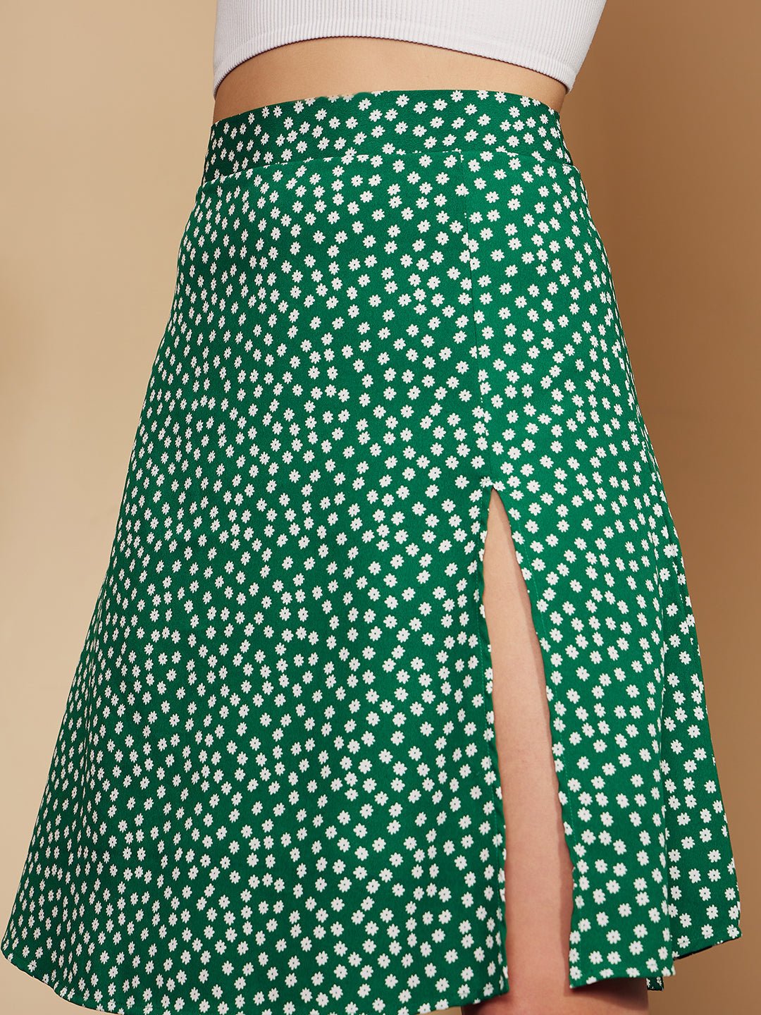 Folk Republic Women Green & White Floral Printed Thigh-High Slit Flared A-Line Midi Skirt - #folk republic#