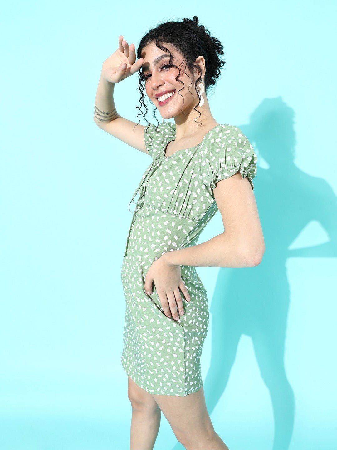 Folk Republic Women Green & White Floral Tie-Up Neck Bodycon Mini Dress - #folk republic#