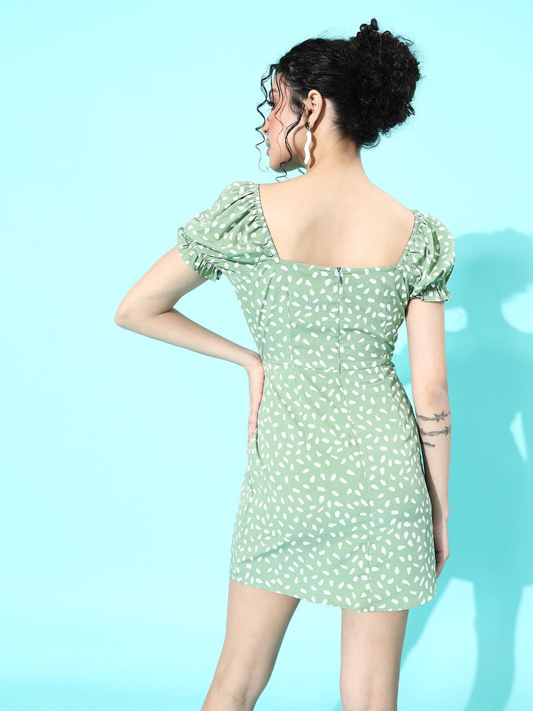 Folk Republic Women Green & White Floral Tie-Up Neck Bodycon Mini Dress - #folk republic#