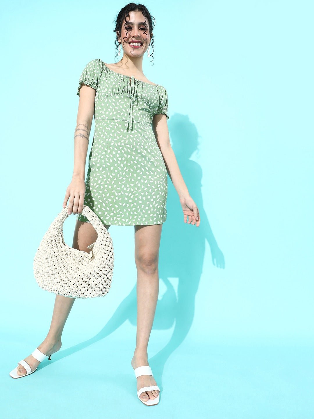 Folk Republic Women Green & White Floral Tie-Up Neck Bodycon Mini Dress - #folk republic#