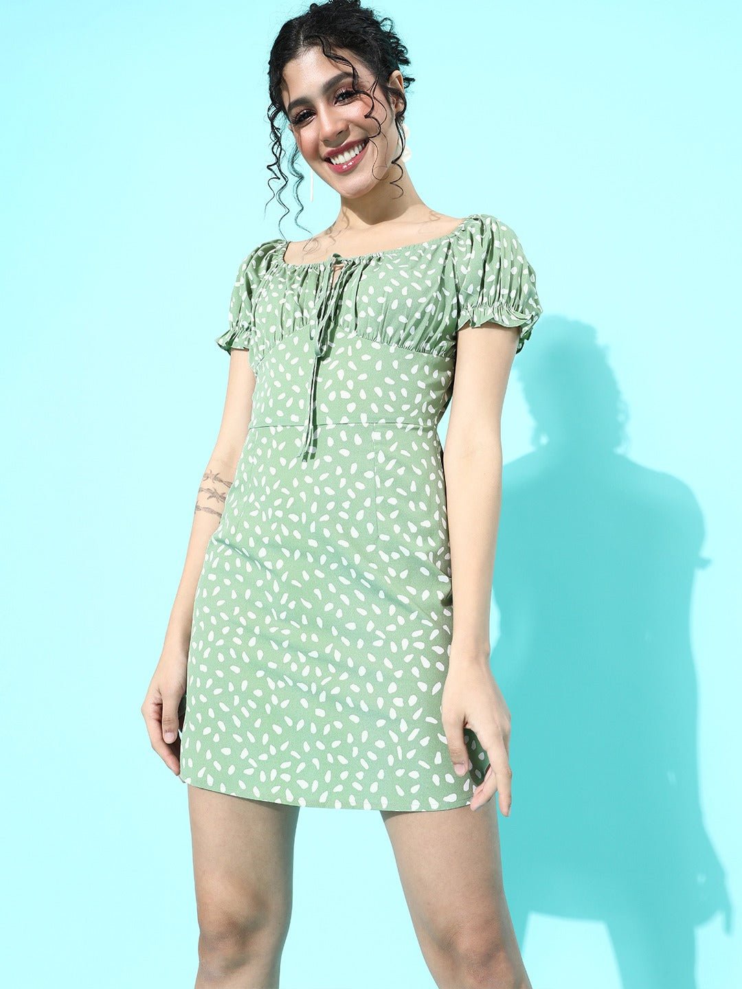 Folk Republic Women Green & White Floral Tie-Up Neck Bodycon Mini Dress - #folk republic#
