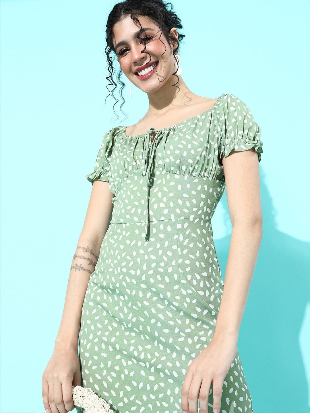 Folk Republic Women Green & White Floral Tie-Up Neck Bodycon Mini Dress - #folk republic#