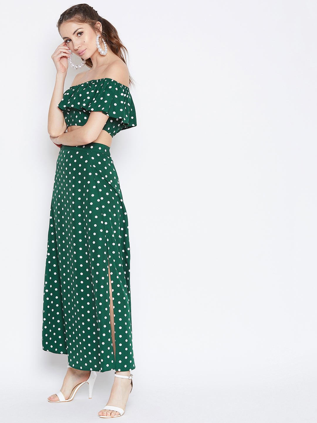 Folk Republic Women Green & White Polka Dot Printed Off-Shoulder Co-Ordinate Maxi Dress - #folk republic#