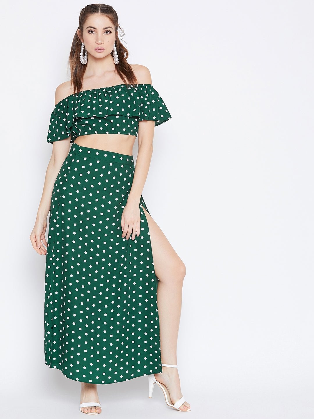 Folk Republic Women Green & White Polka Dot Printed Off-Shoulder Co-Ordinate Maxi Dress - #folk republic#