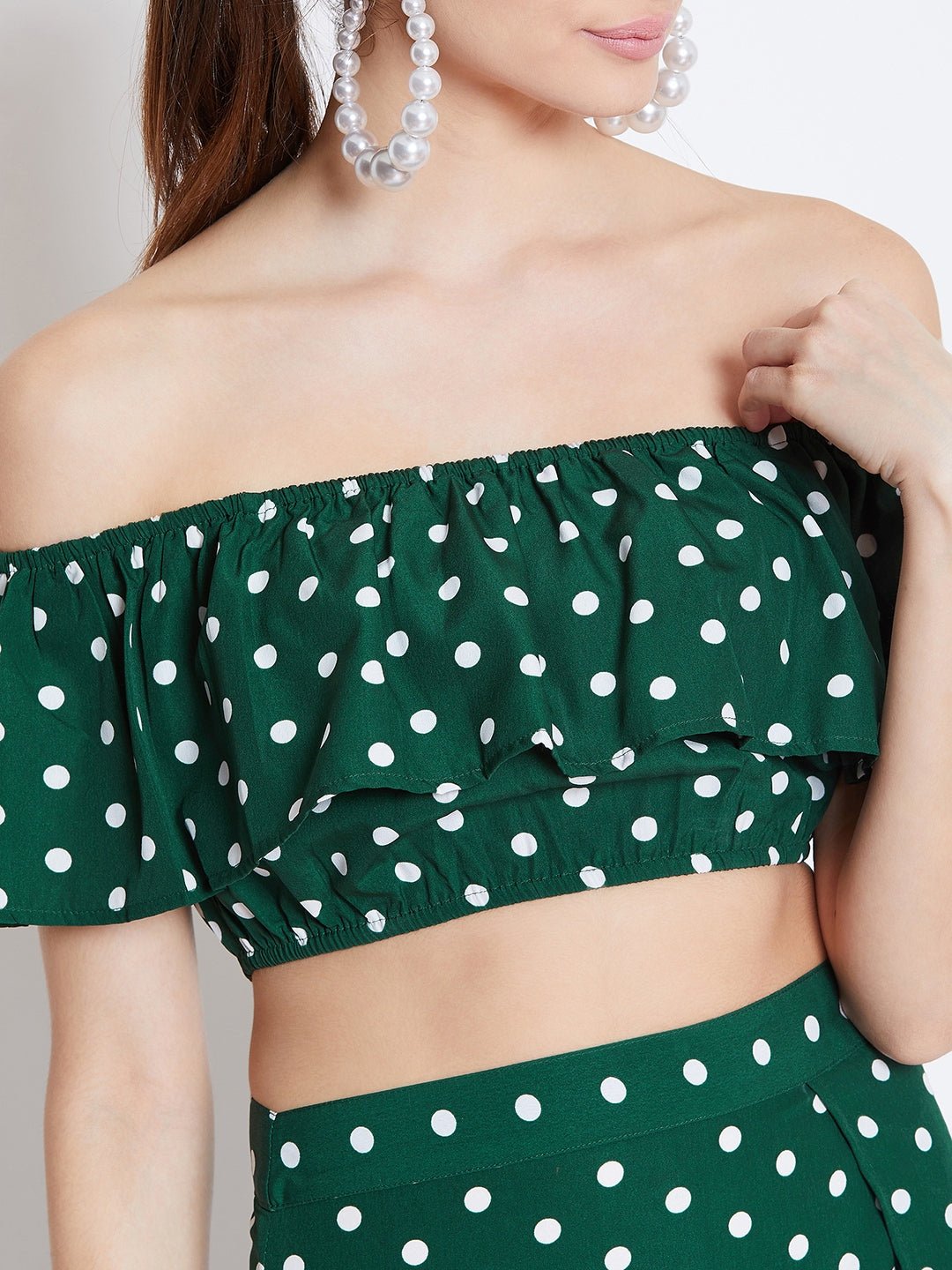 Folk Republic Women Green & White Polka Dot Printed Off-Shoulder Co-Ordinate Maxi Dress - #folk republic#