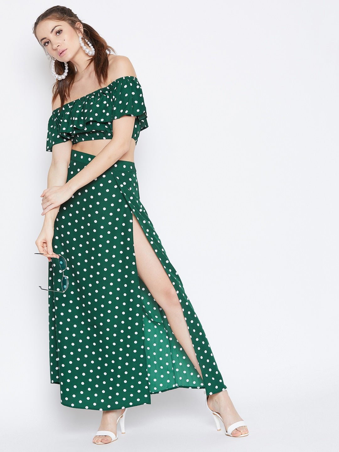 Folk Republic Women Green & White Polka Dot Printed Off-Shoulder Co-Ordinate Maxi Dress - #folk republic#