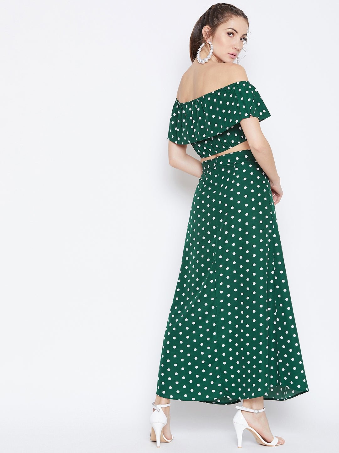 Folk Republic Women Green & White Polka Dot Printed Off-Shoulder Co-Ordinate Maxi Dress - #folk republic#