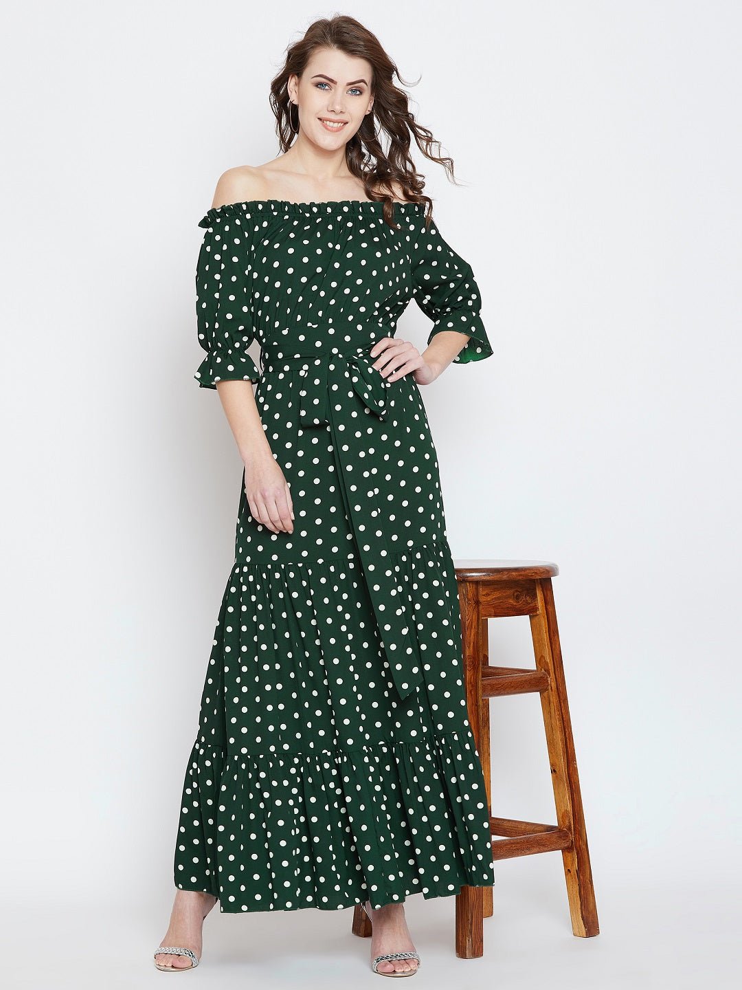 Folk Republic Women Green & White Polka Dot Printed Off-Shoulder Waist Tie-Up Tiered Maxi Dress - #folk republic#