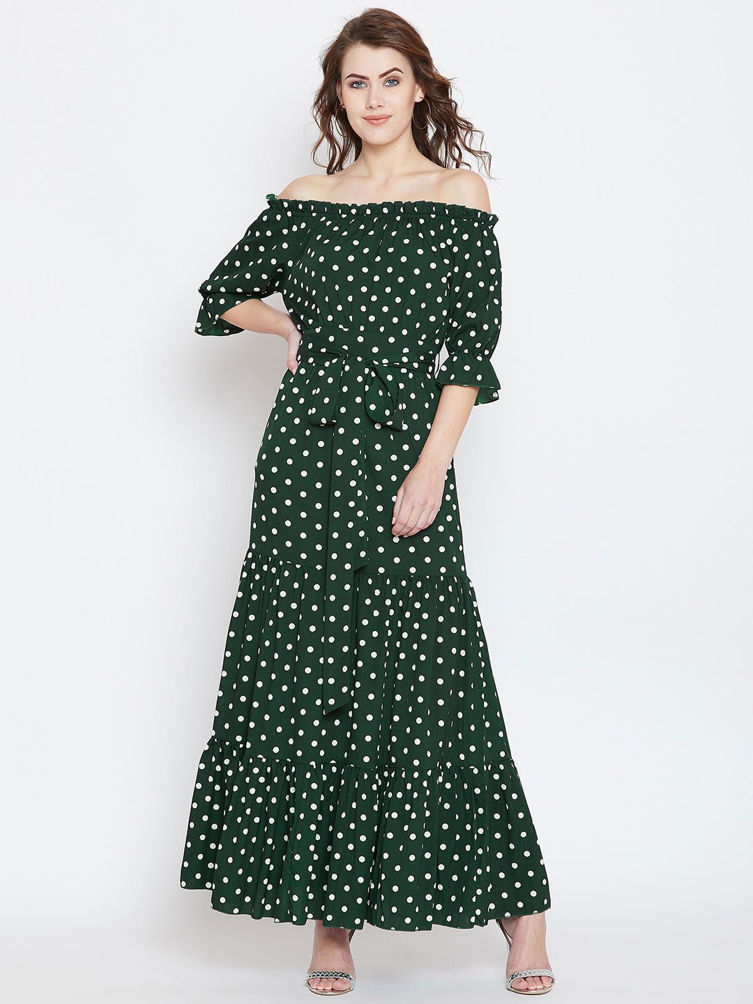 Folk Republic Women Green & White Polka Dot Printed Off-Shoulder Waist Tie-Up Tiered Maxi Dress - #folk republic#