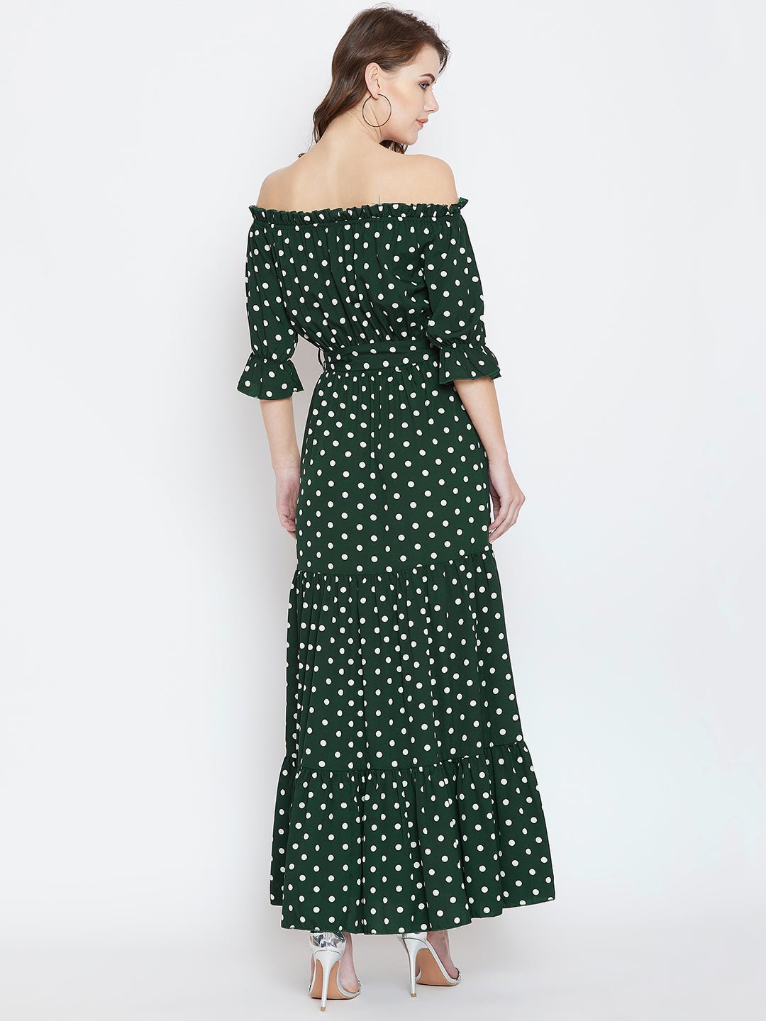Folk Republic Women Green & White Polka Dot Printed Off-Shoulder Waist Tie-Up Tiered Maxi Dress - #folk republic#