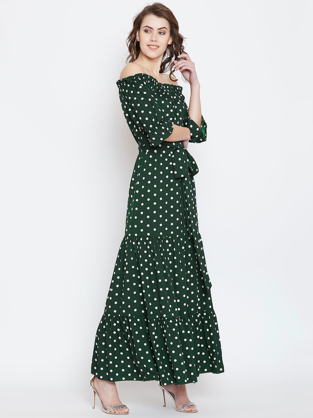 Folk Republic Women Green & White Polka Dot Printed Off-Shoulder Waist Tie-Up Tiered Maxi Dress - #folk republic#