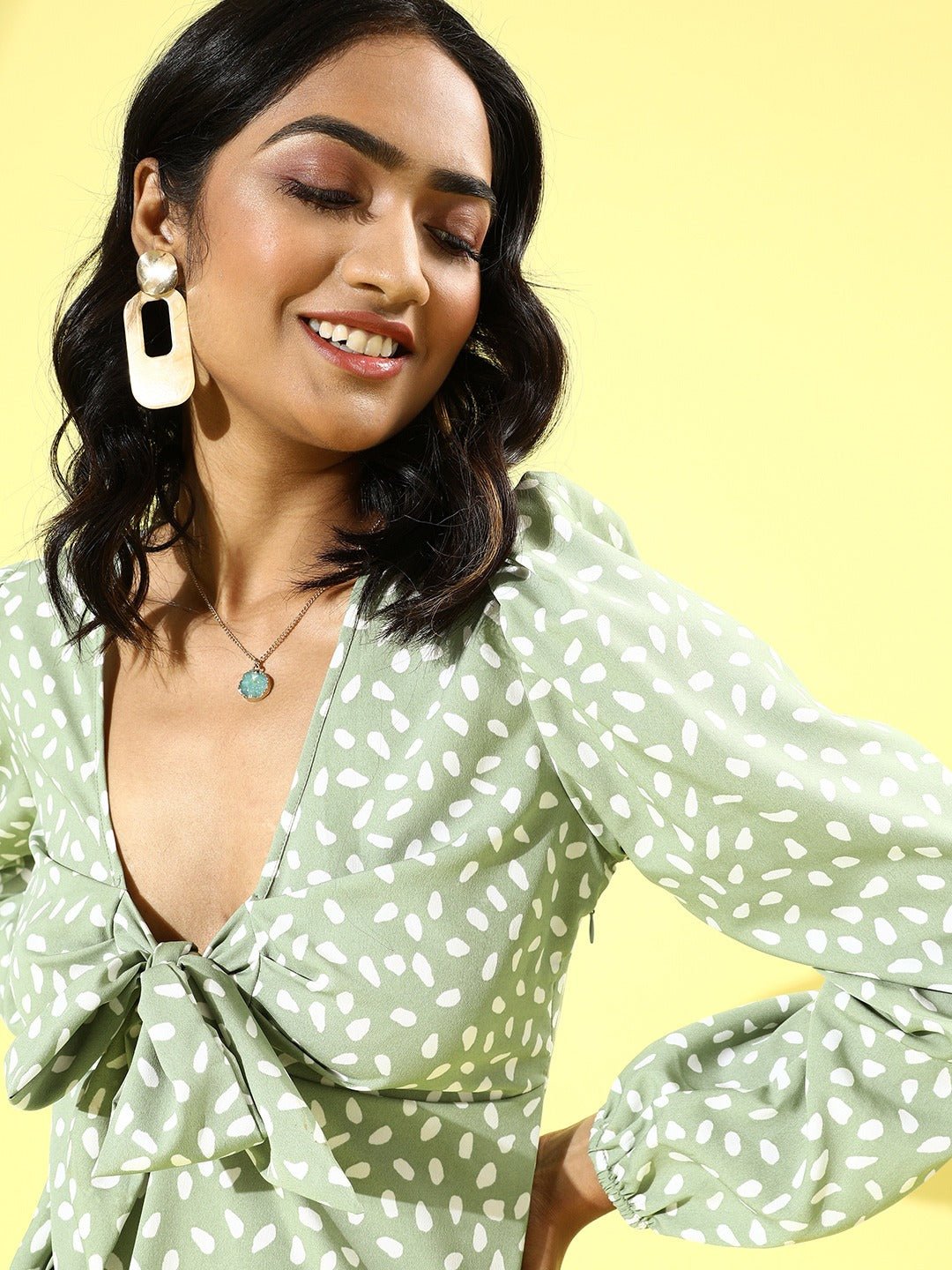 Folk Republic Women Green & White Polka Dot Printed V-Neck Front Tie-Up Flared A-Line Mini Dress - #folk republic#