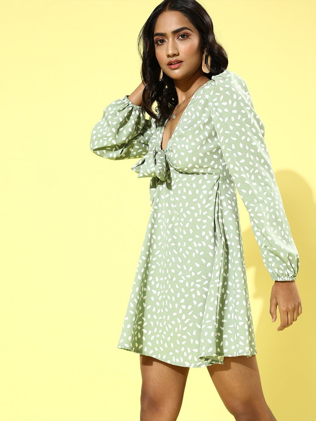 Folk Republic Women Green & White Polka Dot Printed V-Neck Front Tie-Up Flared A-Line Mini Dress - #folk republic#