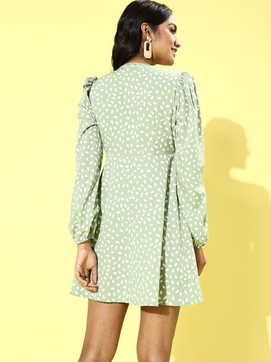 Folk Republic Women Green & White Polka Dot Printed V-Neck Front Tie-Up Flared A-Line Mini Dress - #folk republic#