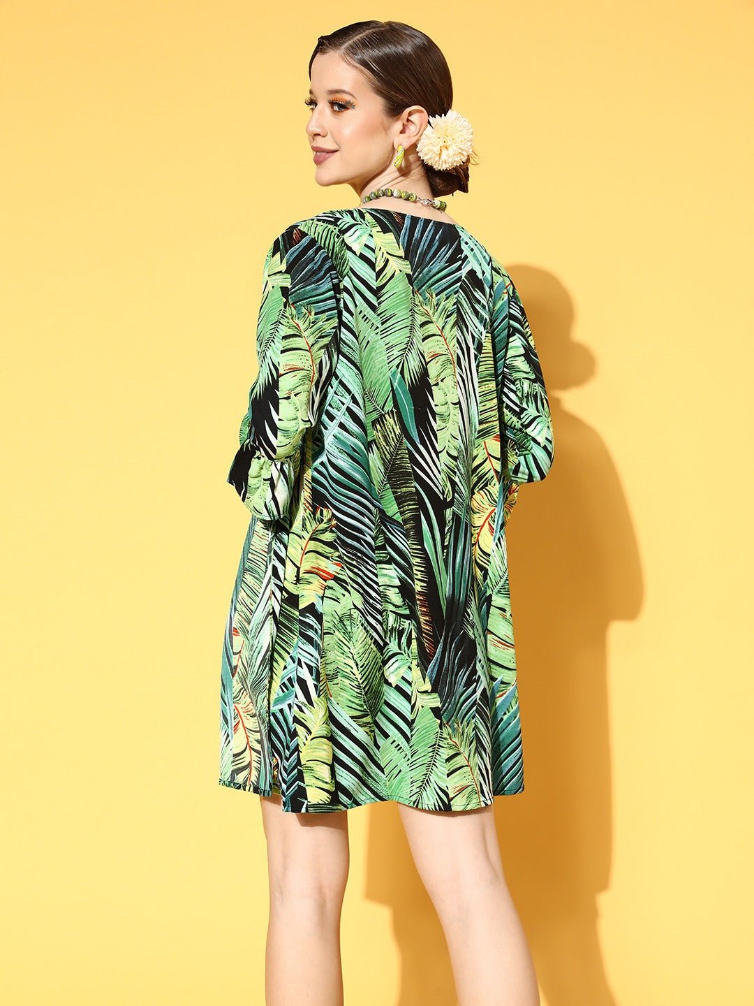 Folk Republic Women Green & Yellow Floral Printed Open Front Straight Hem Longline Shrug - #folk republic#