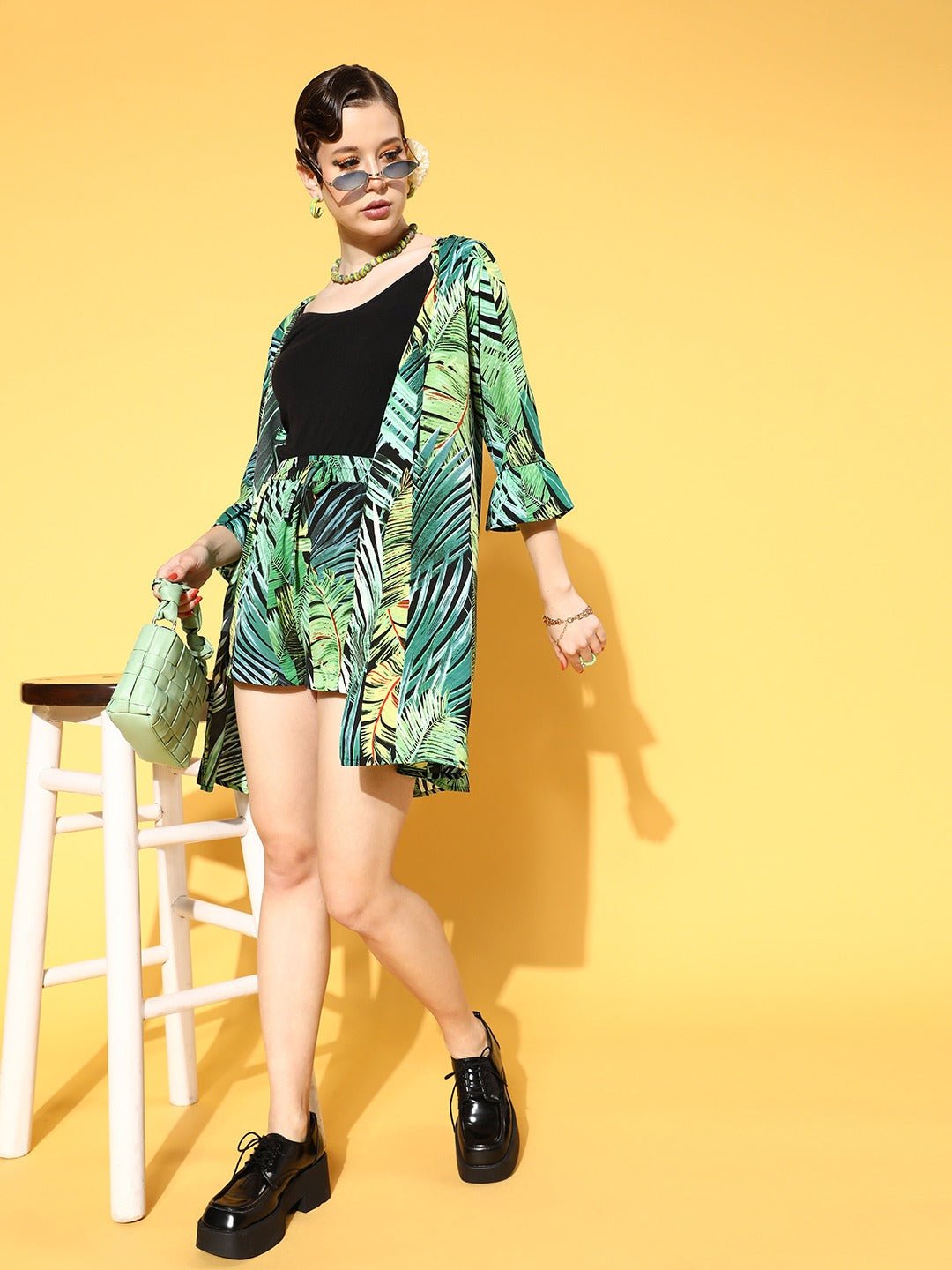 Folk Republic Women Green & Yellow Floral Printed Open Front Straight Hem Longline Shrug - #folk republic#