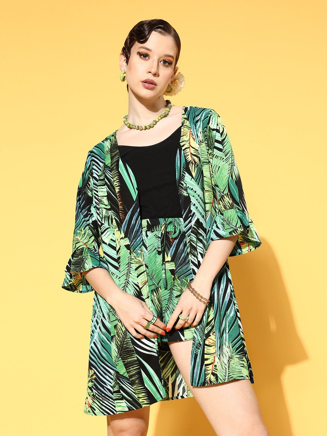 Folk Republic Women Green & Yellow Floral Printed Open Front Straight Hem Longline Shrug - #folk republic#