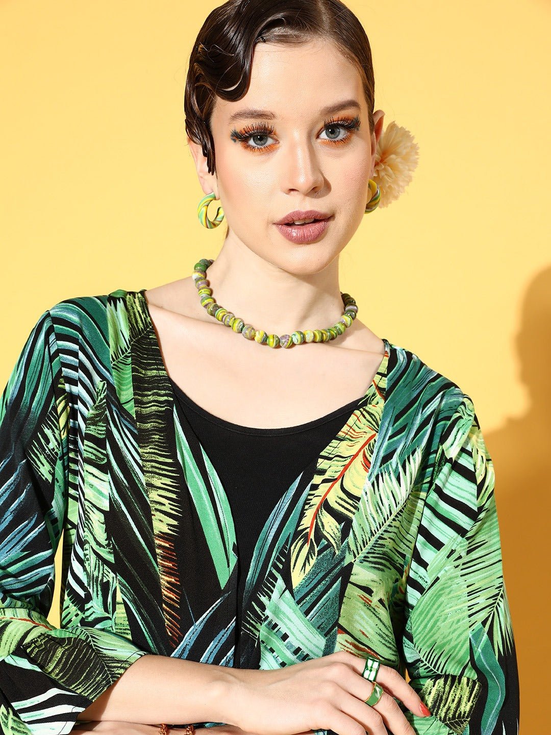 Folk Republic Women Green & Yellow Floral Printed Open Front Straight Hem Longline Shrug - #folk republic#