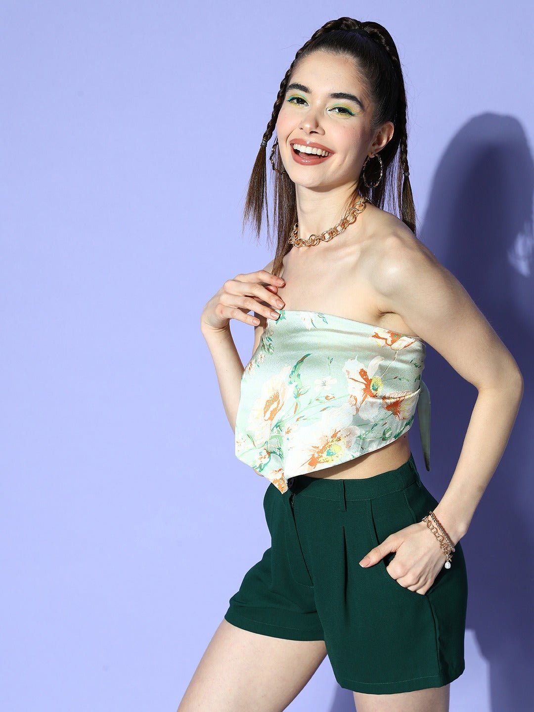 Folk Republic Women Green & Yellow Floral Printed Strapless Neck Stain Tie-Up Back Crop Tube Top - #folk republic#