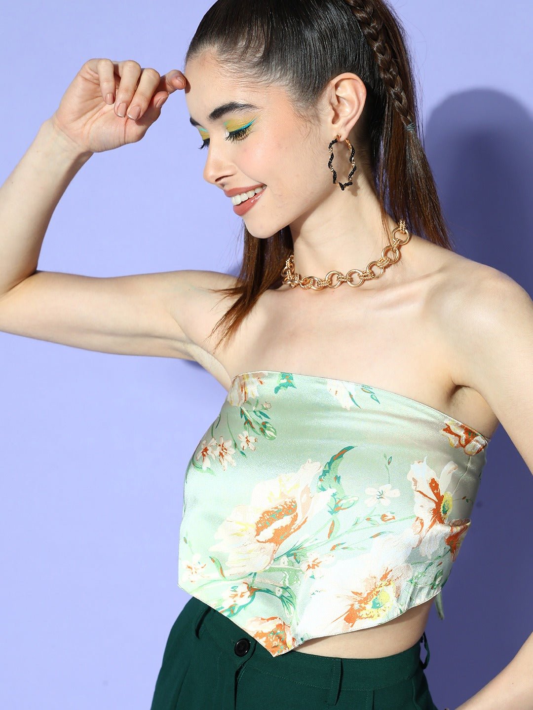 Folk Republic Women Green & Yellow Floral Printed Strapless Neck Stain Tie-Up Back Crop Tube Top - #folk republic#