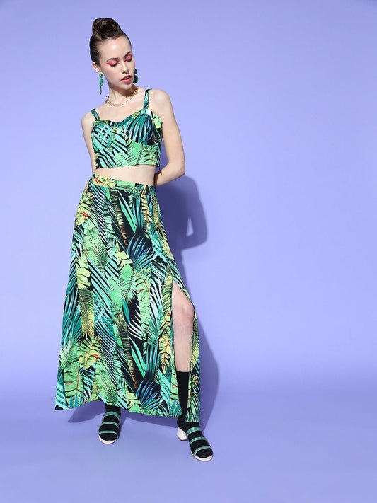 Folk Republic Women Green & Yellow Floral Printed Sweetheart Neck Thigh-High Slit A-Line Maxi Co-Ordinate Set - #folk republic#