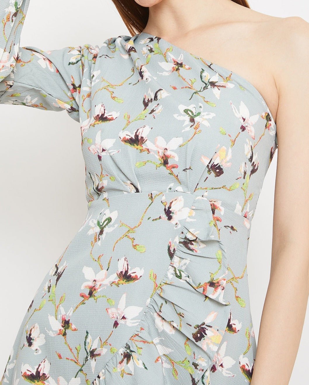 Folk Republic Women Grey Floral One-Shoulder Fit & Flare Mini Dress - #folk republic#
