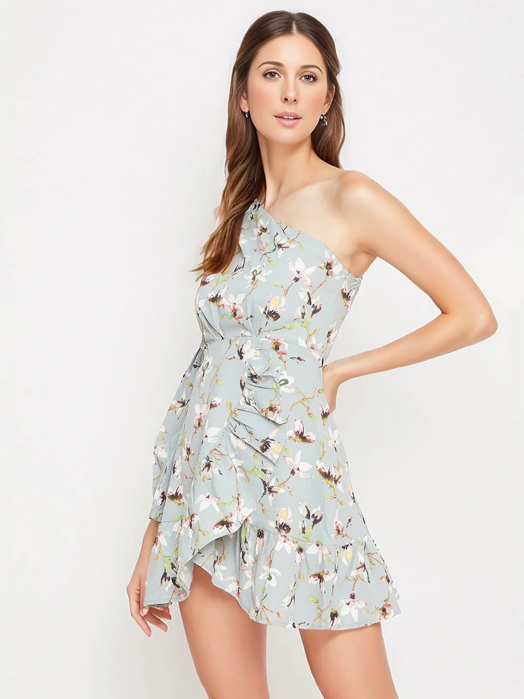 Folk Republic Women Grey Floral One-Shoulder Fit & Flare Mini Dress - #folk republic#