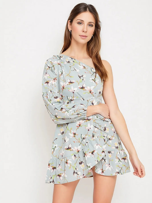 Folk Republic Women Grey Floral One-Shoulder Fit & Flare Mini Dress - #folk republic#