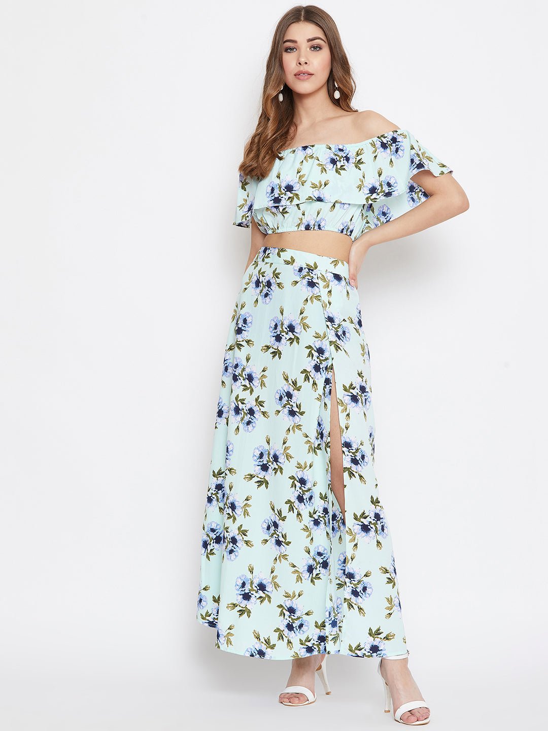 Folk Republic Women Light Green Floral Print Layered Co-Ordinate Maxi Dress - #folk republic#
