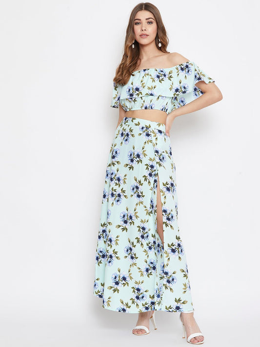 Folk Republic Women Light Green Floral Print Layered Co-Ordinate Maxi Dress - #folk republic#