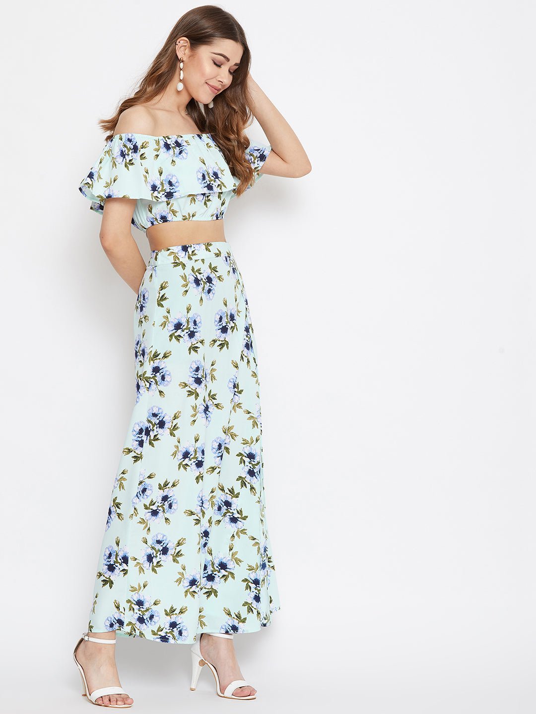 Folk Republic Women Light Green Floral Print Layered Co-Ordinate Maxi Dress - #folk republic#