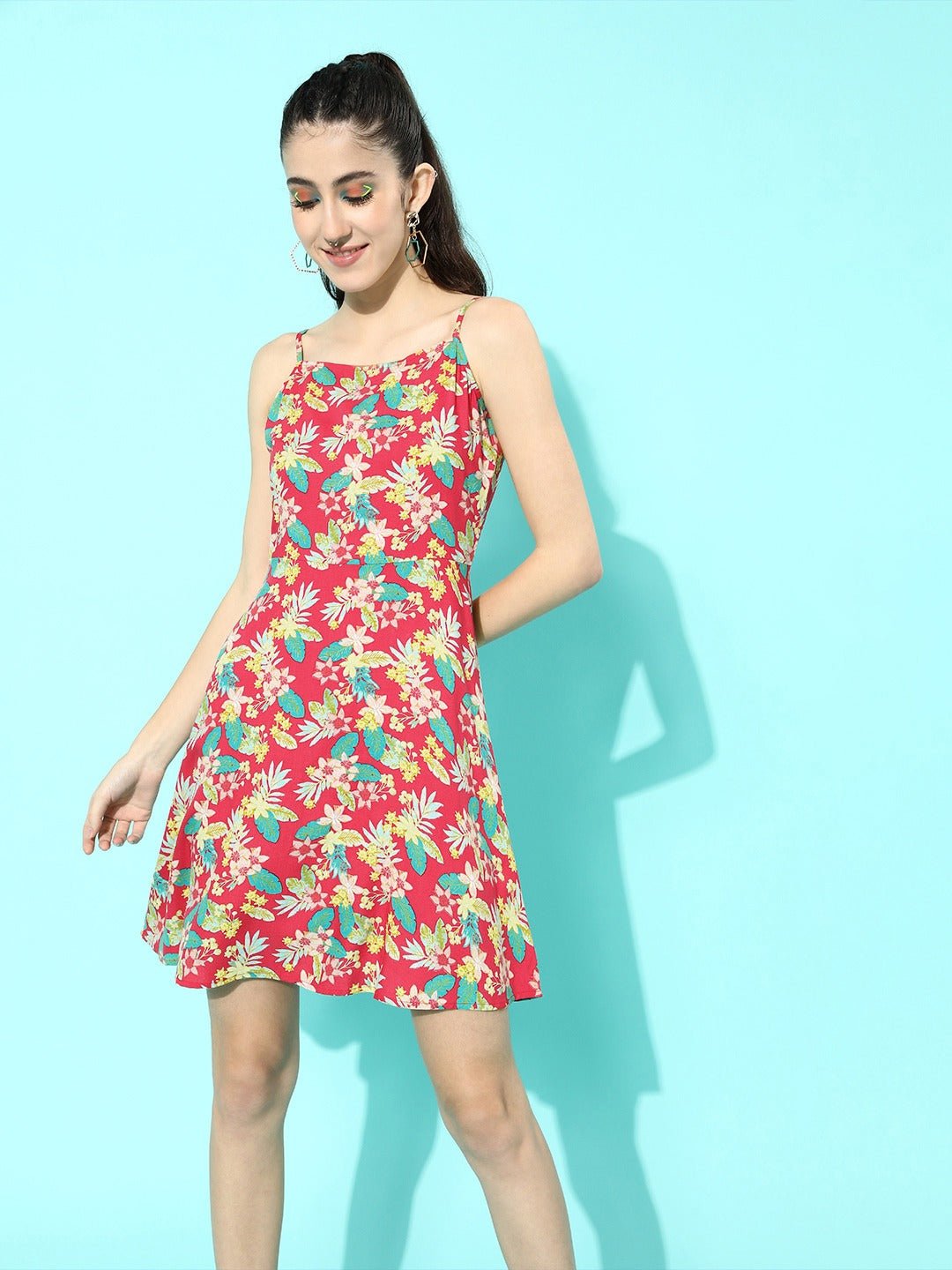 Folk Republic Women Magenta Floral Printed Round-Neck Crepe A-Line Mini Dress - #folk republic#
