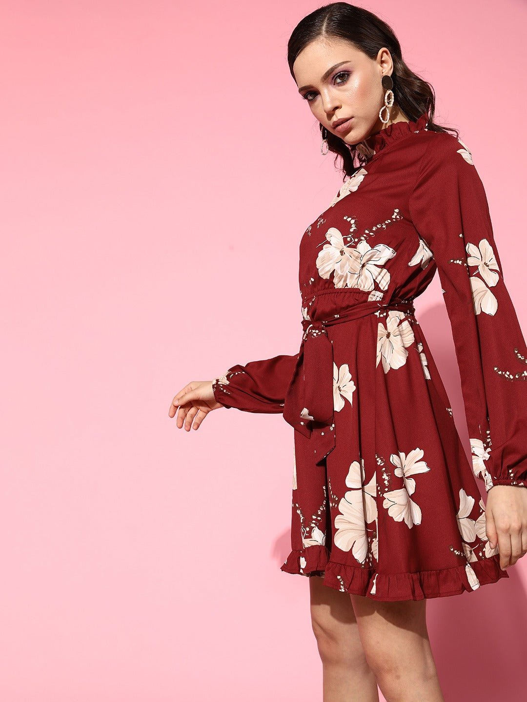 Folk Republic Women Maroon & Beige Floral Printed Halter Neck Cutout Tie-Up Crepe Ruffled A-Line Mini Dress - #folk republic#