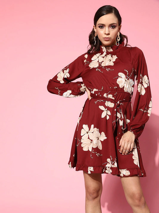 Folk Republic Women Maroon & Beige Floral Printed Halter Neck Cutout Tie-Up Crepe Ruffled A-Line Mini Dress - #folk republic#