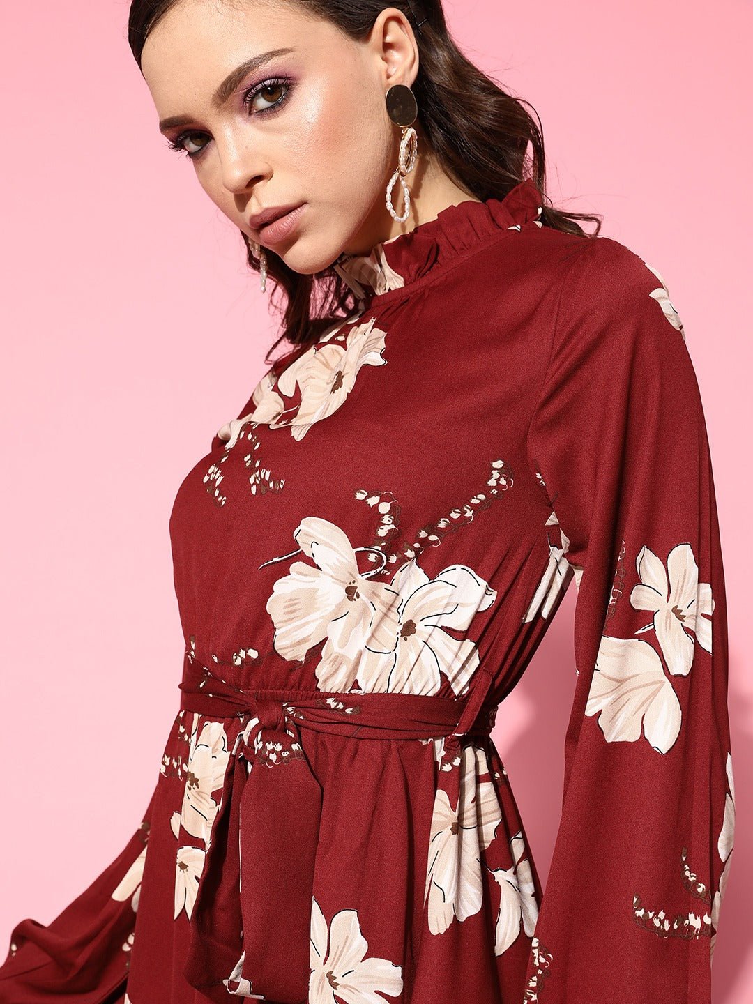 Folk Republic Women Maroon & Beige Floral Printed Halter Neck Cutout Tie-Up Crepe Ruffled A-Line Mini Dress - #folk republic#