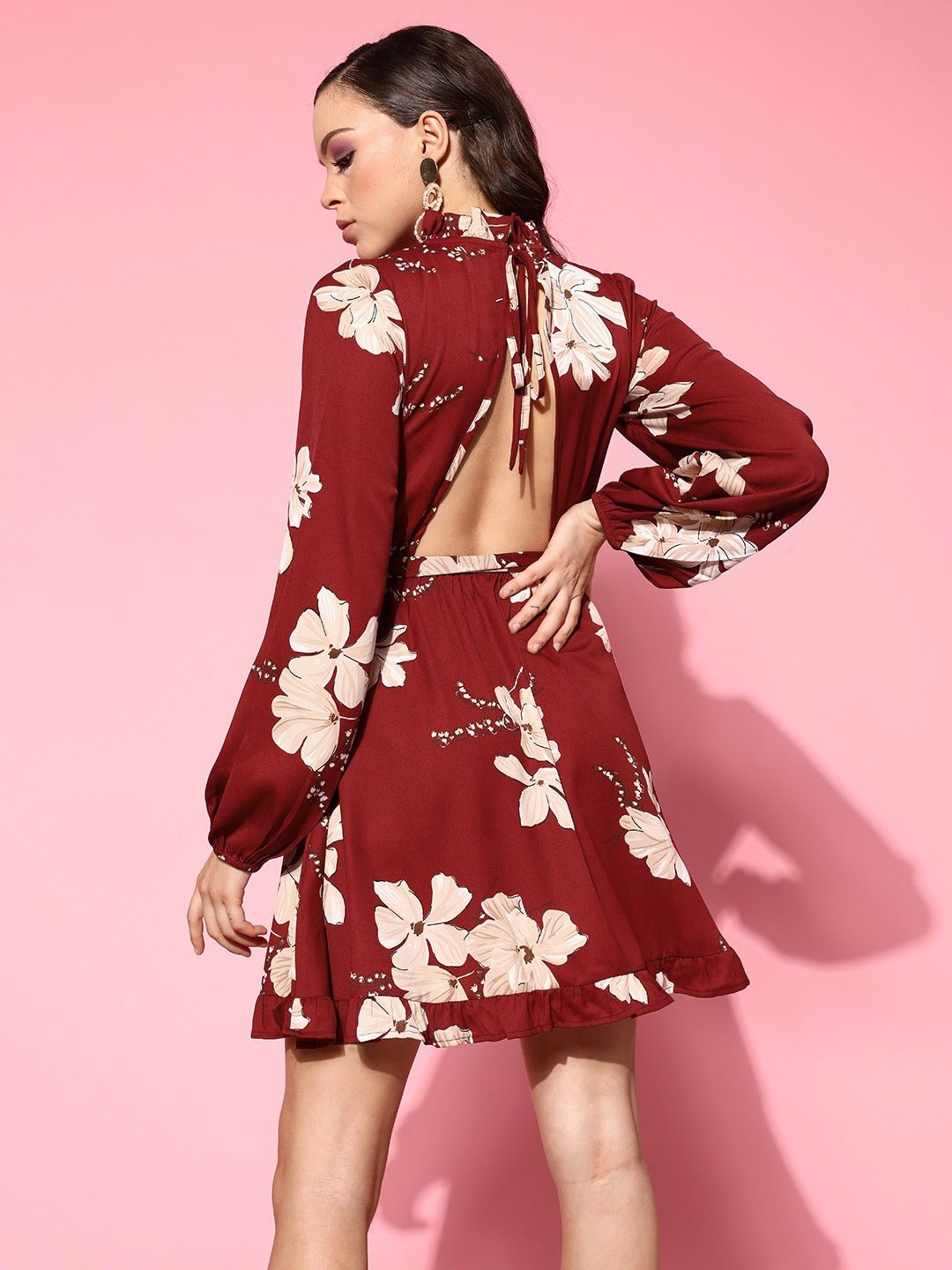 Folk Republic Women Maroon & Beige Floral Printed Halter Neck Cutout Tie-Up Crepe Ruffled A-Line Mini Dress - #folk republic#