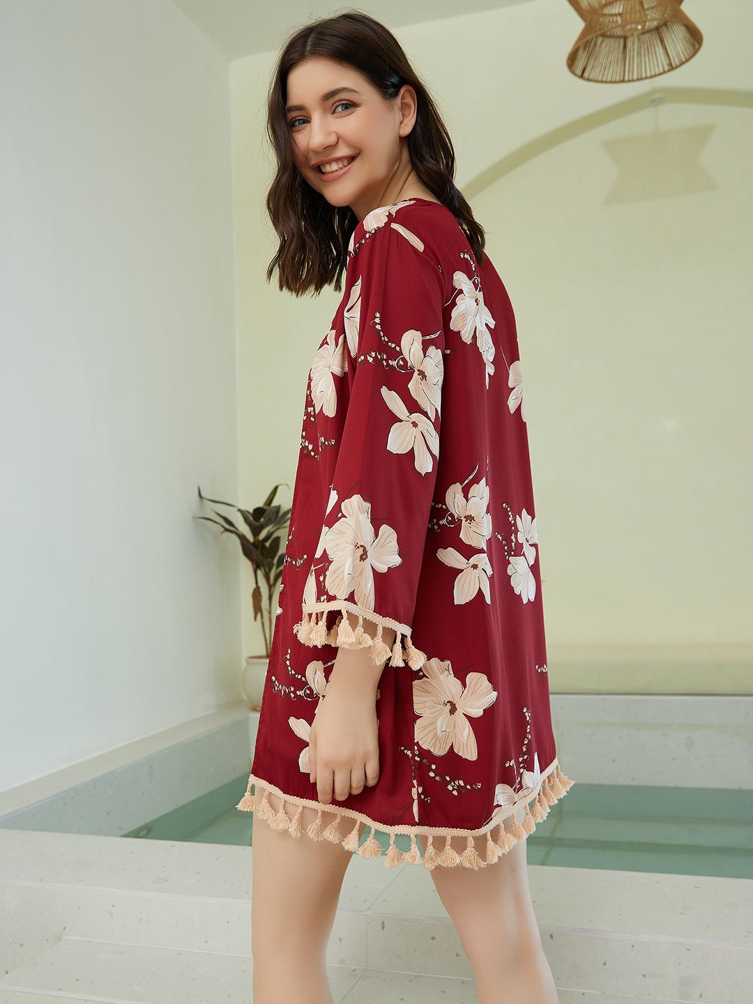 Folk Republic Women Maroon & Beige Floral Printed Open-Front Neck Straight Hem Tasselled Longline Kimono - #folk republic#