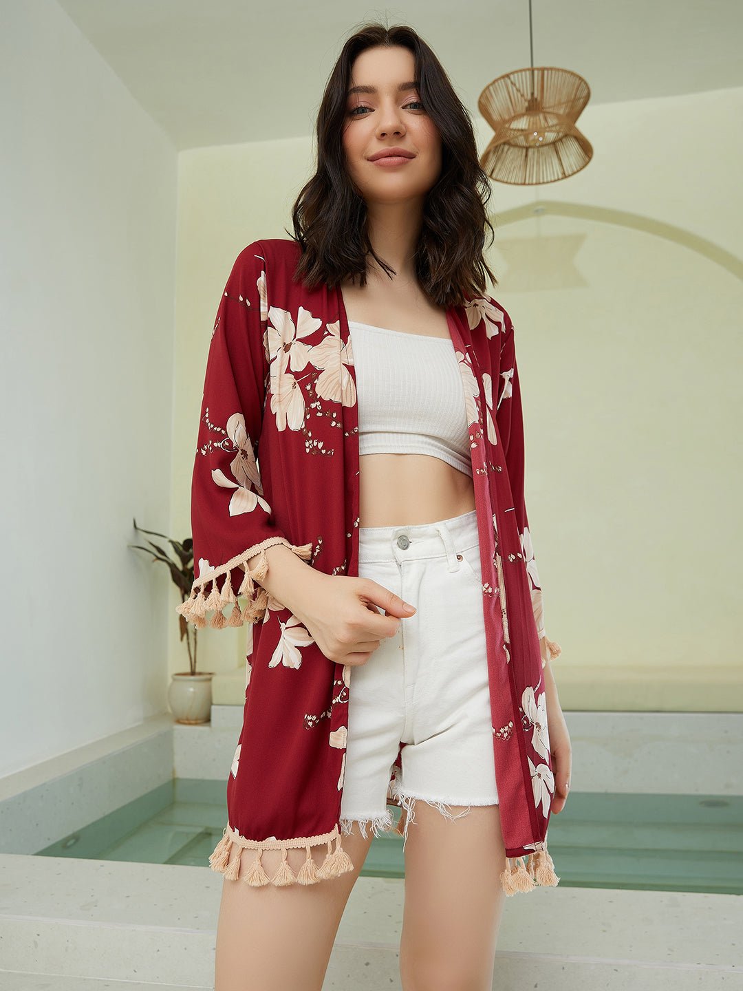 Folk Republic Women Maroon & Beige Floral Printed Open-Front Neck Straight Hem Tasselled Longline Kimono - #folk republic#